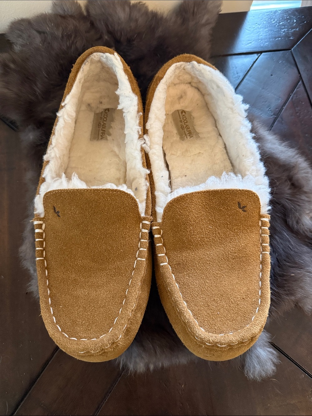 Koolaburra women’s Suede Moccasin Slippers in Cognac Brown